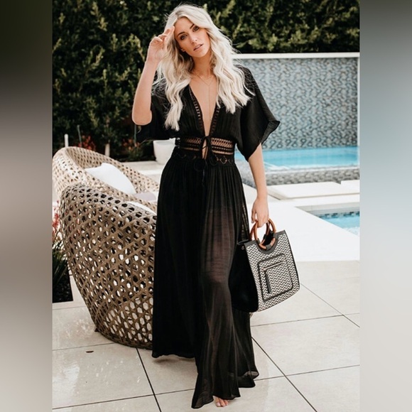 Private Label Other - NEW Boho Black Lace Beach Dress Coverup with Flutter Sleeves & 2-Tie Front, OS